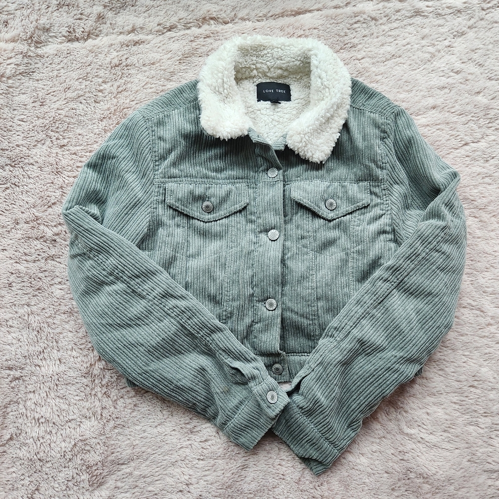 Love Tree Mint Green Corduroy Cropped Sherpa Jacket Size Small